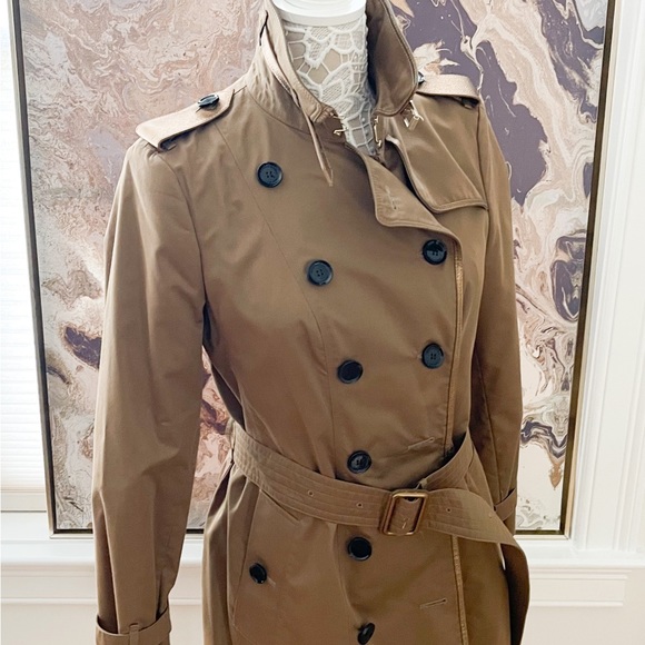 Burberry London Gabardine Mid-Length Gold Leather Detail Trench Coat